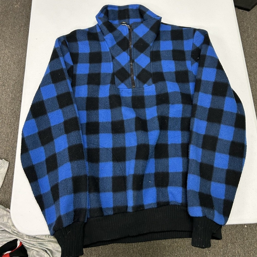 St. Johns Bay Fleece Pullover Mens L Tall Blue Buffalo Plaid Quarter Zip A5